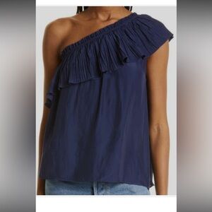 Ramy Brook Navy One-Shoulder Ruffle Top